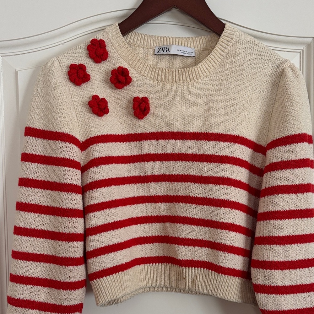 Zara Red and Cream Striped Sweater with Floral Accents size M (fits like small)